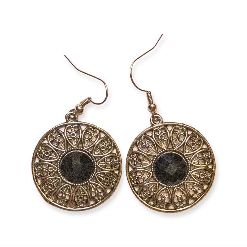 melody Silver Tone with Black Rhinestone Dangle Earrings